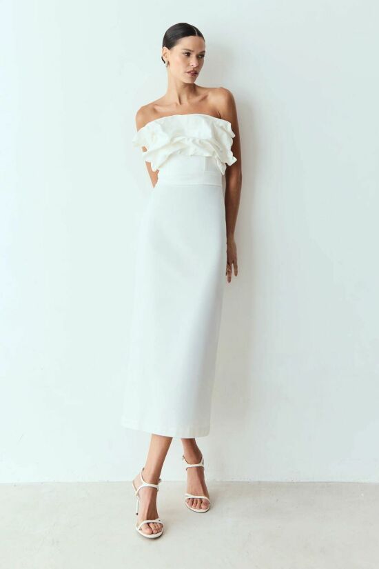 Imagem de Vestido Mídi Sobreposição Drapeada Decote Off White Zen